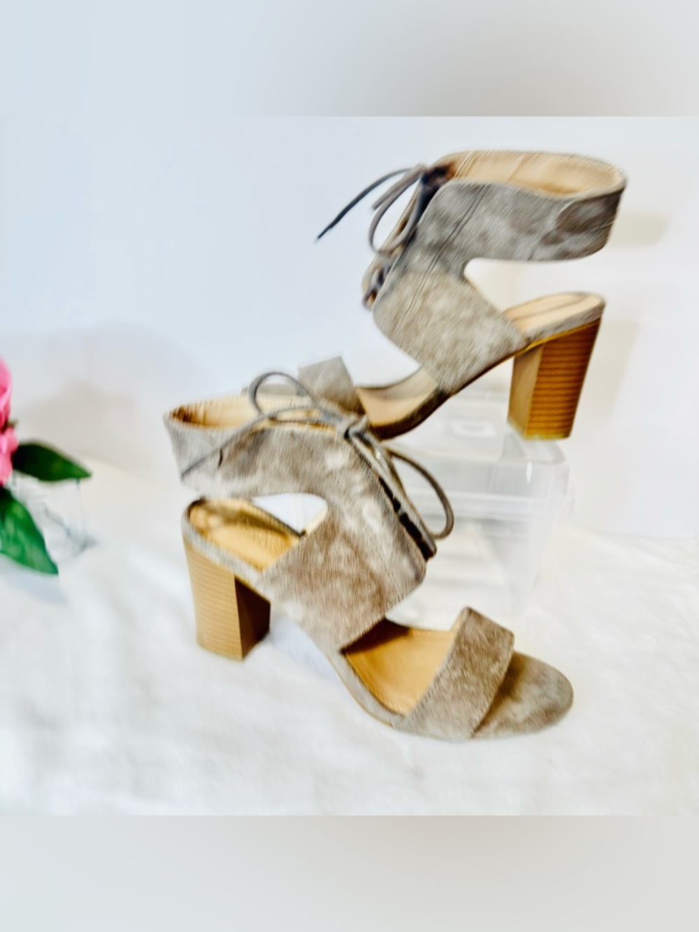 Chunky Wood Block Heel Taupe Lace Up Sandals with Thick Ankle Support Strap Sz 7